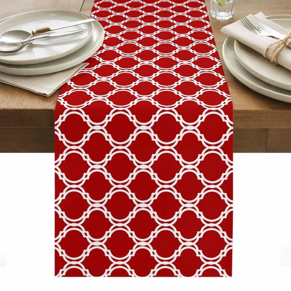 Table Runner Dresser Scarves 36 Inch Long,Retro Moroccan Red Geometric Linen Dining Table Runners