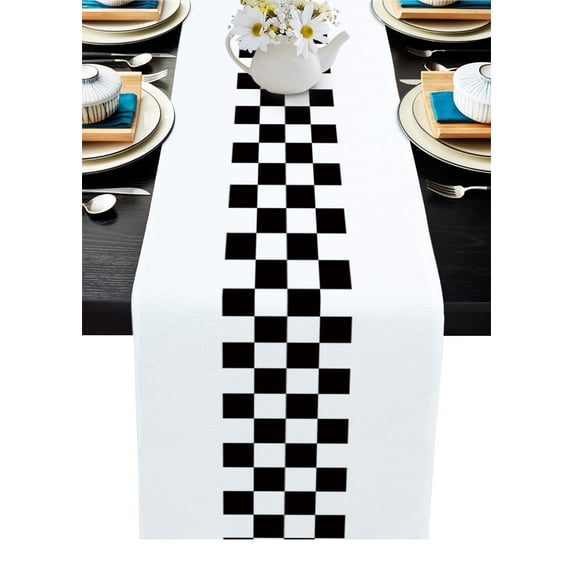Table Runner Dresser Scarves 36 Inch Long, Rural Black and White Buffalo Lattice Checked Linen Dining Table Runners Gingham Tabletop Scarf for Wedding Holiday Party Kitchen