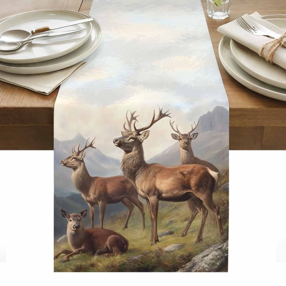 Table Runner Dresser Scarves 36 Inch Long,Rustic Animal Deer Herd Linen Dining Table Runners