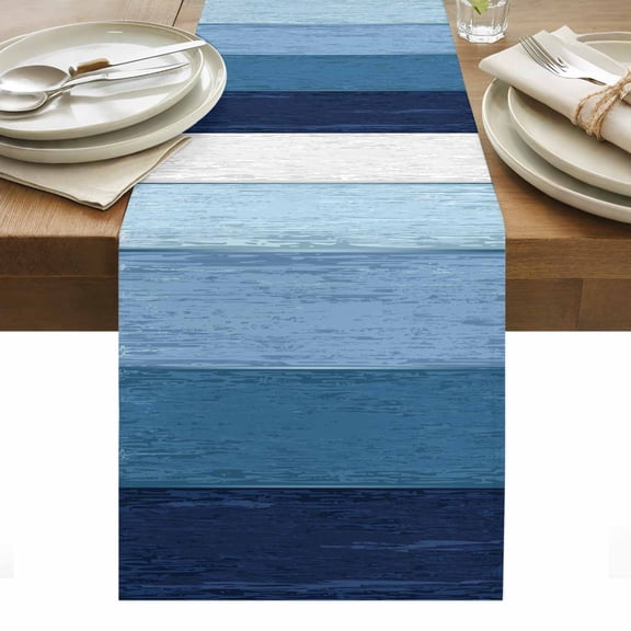 Table Runner Dresser Scarves 36 Inch Long,Rustic Blue White Ombre Wood Grain Linen Dining Table Runners