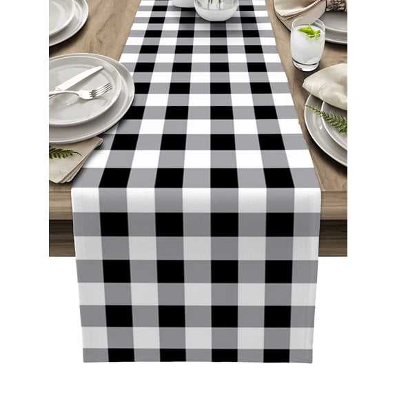 Table Runner Dresser Scarves 36 Inch Long, Rustic Farmhouse Buffalo Check Plaid Linen Dining Table Runners White Black Tabletop Scarf for Wedding Holiday Party Kitchen