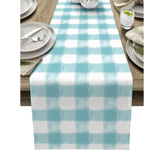 Table Runner Dresser Scarves 36 Inch Long, Rustic Farmhouse Watercolor Teal Buffalo Plaid Linen Dining Table Runners Rural Country Tabletop Scarf for Wedding Holiday Party Kitchen
