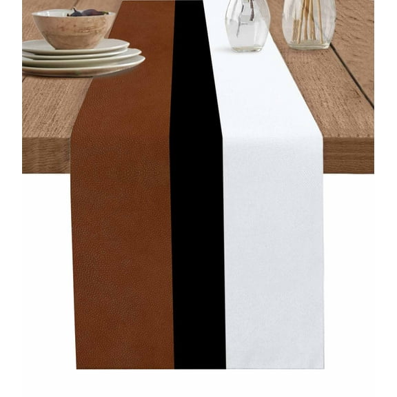 Table Runner Dresser Scarves 36 Inch Long,Rustic Modern Minimalist Color Block Linen Dining Table Runners Leather Texture Brown Black White Tabletop Scarf for Wedding Holiday Party Kitchen