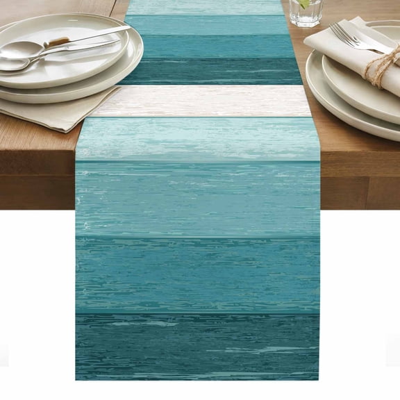 Table Runner Dresser Scarves 36 Inch Long,Rustic Teal White Ombre Wood Grain Linen Dining Table Runners