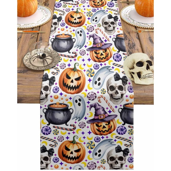 Table Runner Dresser Scarves 36 Inch Long,Scary Halloween Seamless Pumpkin Linen Dining Table Runners Ghost Skull Candy Moon Tabletop Scarf for Wedding Holiday Party Kitchen