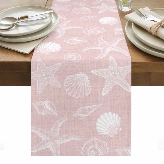 Table Runner Dresser Scarves 36 Inch Long,Sea Star Shell Sea Nut on Pink Linen Linen Dining Table Runners