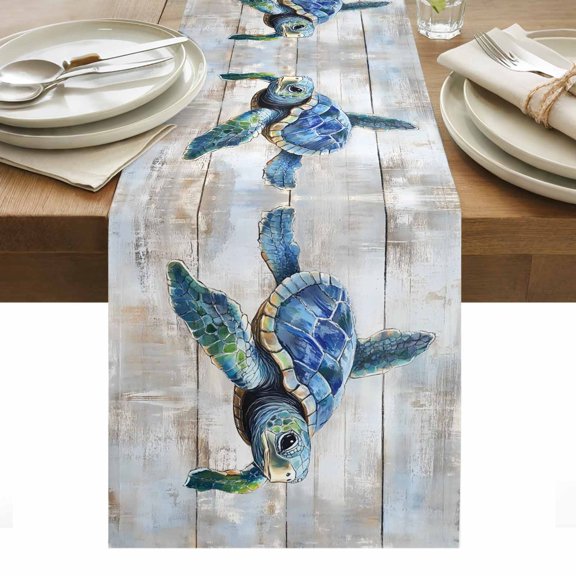 Table Runner Dresser Scarves 36 Inch Long,Sea Turtle on Farm Wood Board Linen Dining Table Runners