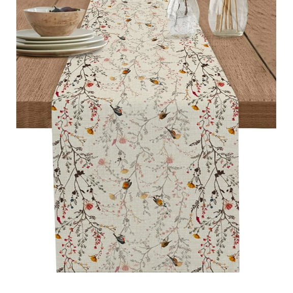 Table Runner Dresser Scarves 36 Inch Long, Seamless Floral Branch with Bird Linen Dining Table Runners Watercolor Flower on Retro Burlap Tabletop Scarf for Wedding Holiday Party Kitchen