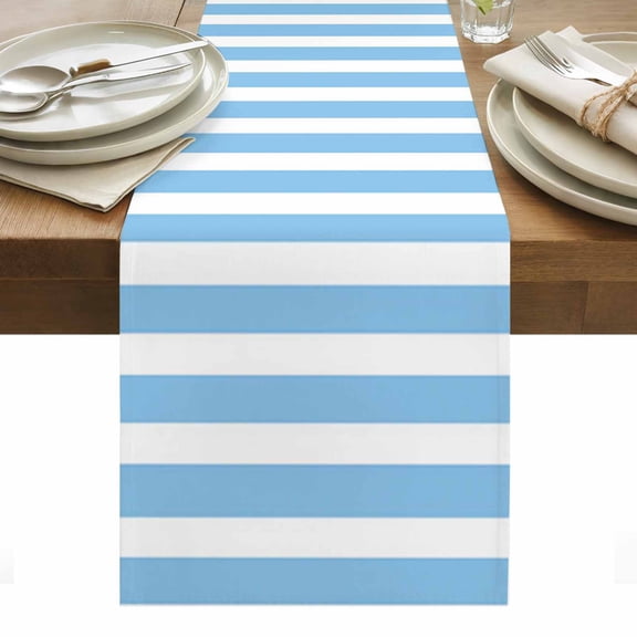 Table Runner Dresser Scarves 36 Inch Long,Sky Blue White Striped Linen Dining Table Runners