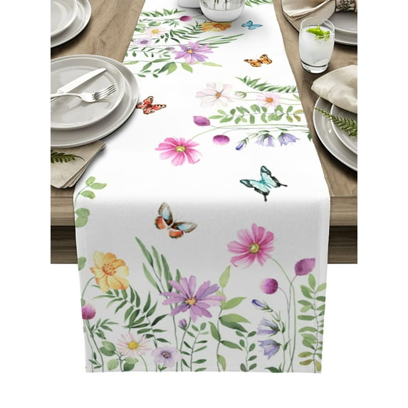 Table Runner Dresser Scarves 36 Inch Long, Spring Blossom Flowers and Butterfly Linen Dining Table Runners Botanical Plants on White Tabletop Scarf for Wedding Holiday Party Kitchen