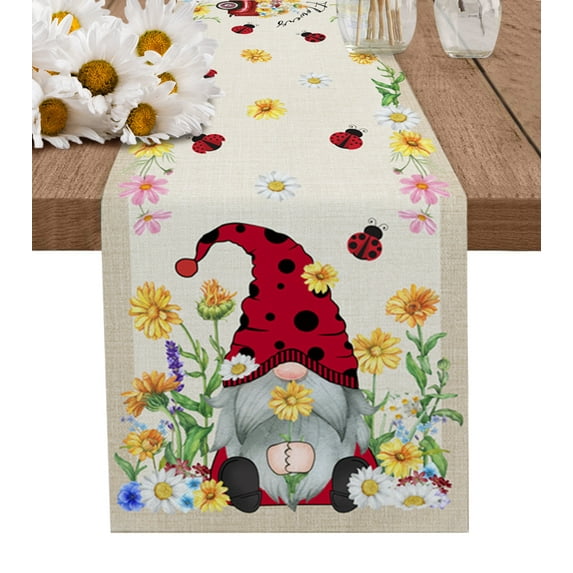 Table Runner Dresser Scarves 36 Inch Long, Spring Dwarf with Daisy Ladybird Linen Dining Table Runners Retro Farm Burlap Linen Texture Tabletop Scarf for Wedding Holiday Party Kitchen
