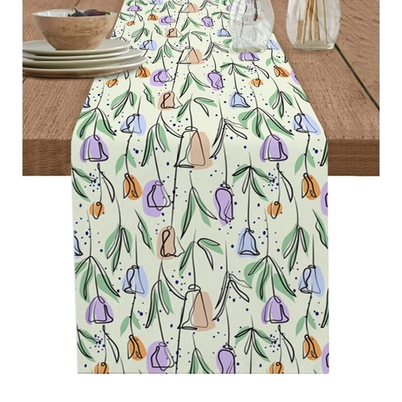 Table Runner Dresser Scarves 36 Inch Long, Spring Flower Sketch Lines Floral Linen Dining Table Runners Plant Color Block on Yellow Tabletop Scarf for Wedding Holiday Party Kitchen