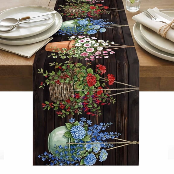 Table Runner Dresser Scarves 36 Inch Long,Spring Flowers Embroidery Balloons Linen Dining Table Runners