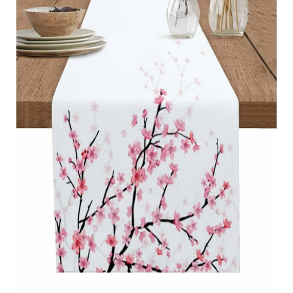 Table Runner Dresser Scarves 36 Inch Long, Spring Pink Cherry Blossom Flowers Linen Dining Table Runners Floral Tree Branch on White Tabletop Scarf for Wedding Holiday Party Kitchen