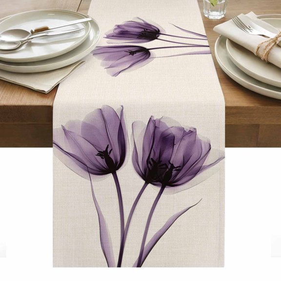 Table Runner Dresser Scarves 36 Inch Long,Spring Purple Tulip Floral on Linen Linen Dining Table Runners