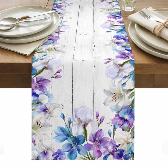 Table Runner Dresser Scarves 36 Inch Long,Spring Watercolor Iris Lily Flower Linen Dining Table Runners