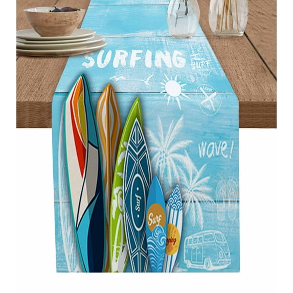 Table Runner Dresser Scarves 36 Inch Long, Summer Beach Vacation Surfboard on Blue Wood Linen Dining Table Runners Seaside Palm Tree RVs Tabletop Scarf for Wedding Holiday Party Kitchen
