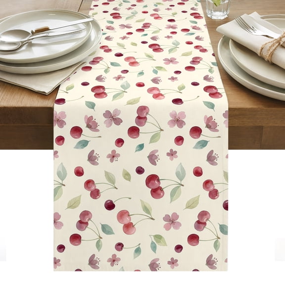 Table Runner Dresser Scarves 36 Inch Long,Summer Cherry Harvest Flower Linen Dining Table Runners