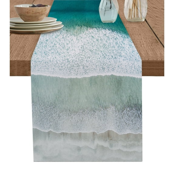 Table Runner Dresser Scarves 36 Inch Long, Summer Coastal Ocean Beach Linen Dining Table Runners Seaside Gradient Foamy Wave Tabletop Scarf for Wedding Holiday Party Kitchen