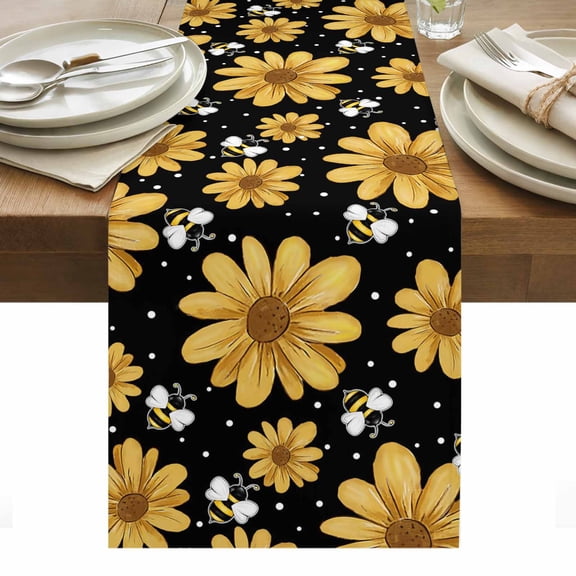 Table Runner Dresser Scarves 36 Inch Long,Summer Daisy Flower Bee on Black Linen Dining Table Runners