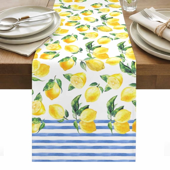 Table Runner Dresser Scarves 36 Inch Long,Summer Lemon Blue Stripes Linen Dining Table Runners