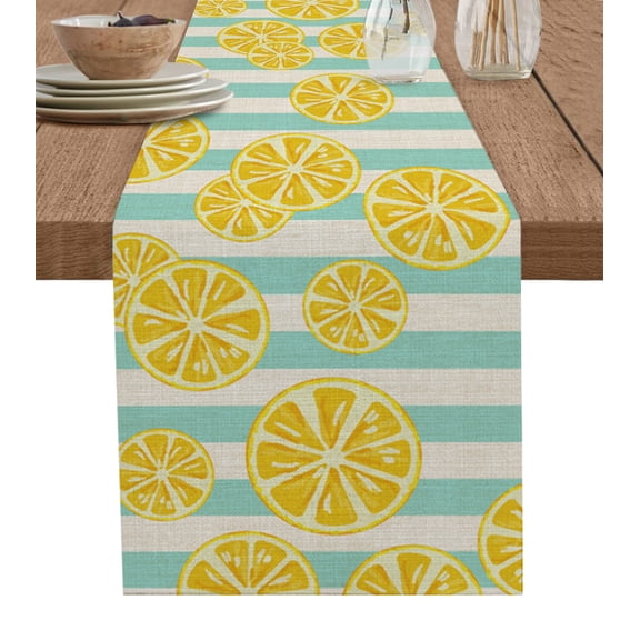 Table Runner Dresser Scarves 36 Inch Long, Summer Lemons Citrus Fruits in Vintage Linen Dining Table Runners Mint Green Retro Teal Stripe Tabletop Scarf for Wedding Holiday Party Kitchen