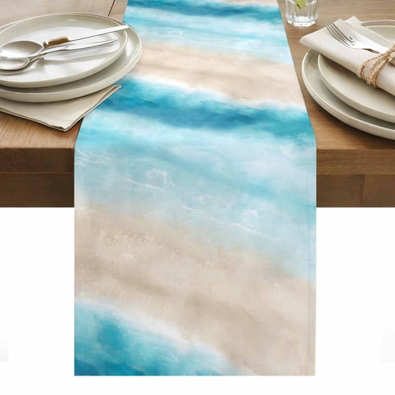 Table Runner Dresser Scarves 36 Inch Long,Summer Ocean Gradient Weaves Linen Dining Table Runners
