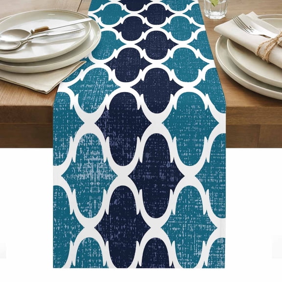 Table Runner Dresser Scarves 36 Inch Long,Teal Moroccan Pattern Buffalo Check Linen Dining Table Runners