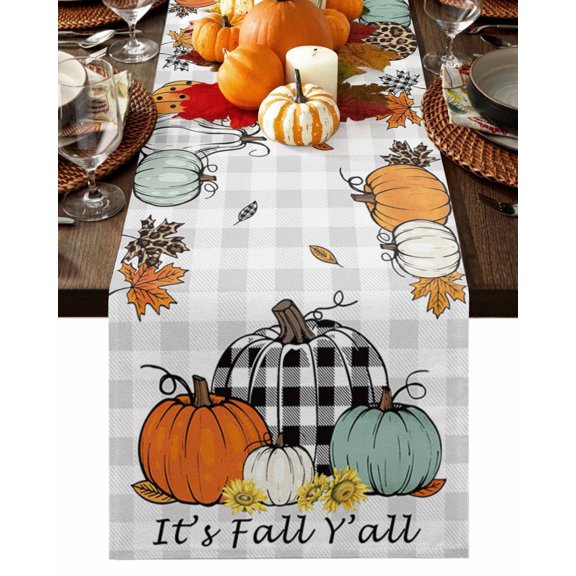 Table Runner Dresser Scarves 36 Inch Long,Thanksgiving Fall Pumpkin Maple Leaf Linen Dining Table Runners Sunflower Gray Plaid Tabletop Scarf for Wedding Holiday Party Kitchen