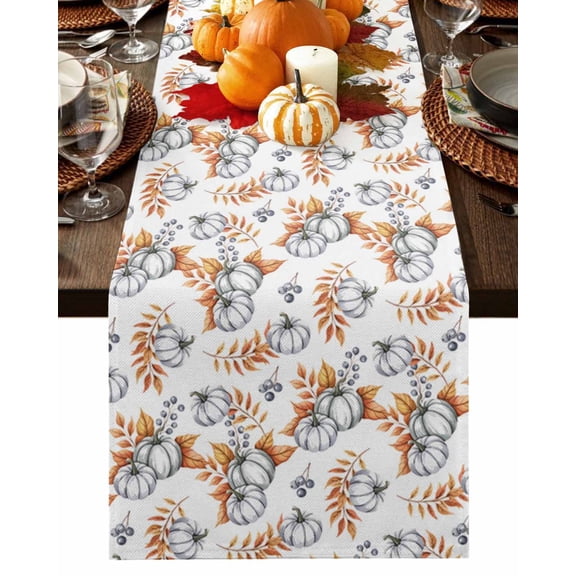 Table Runner Dresser Scarves 36 Inch Long,Thanksgiving Pumpkin Maple Leaf Berry Linen Dining Table Runners Seamless Fall Harvest Tabletop Scarf for Wedding Holiday Party Kitchen