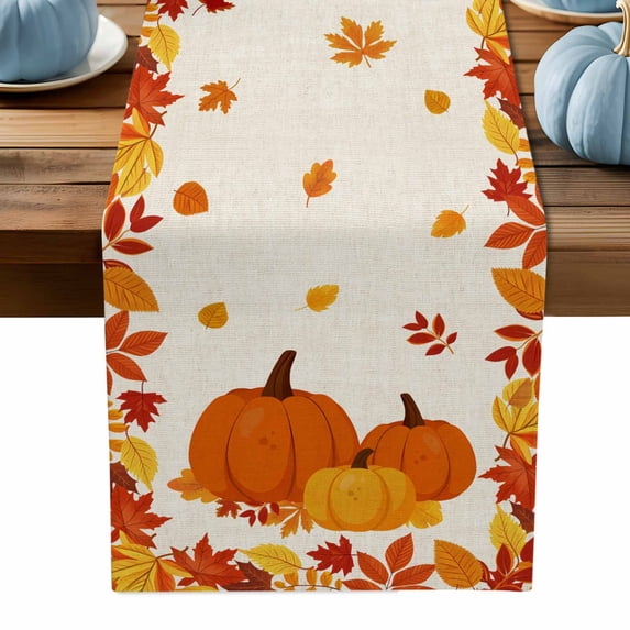 Table Runner Dresser Scarves 36 Inch Long,Thanksgiving Pumpkin Maple Leaf Linen Dining Table Runners Autumn Leaves Watercolor Tabletop Scarf for Wedding Holiday Party Kitchen