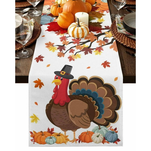 Table Runner Dresser Scarves 36 Inch Long,Thanksgiving Turkey Maple Leaf Linen Dining Table Runners Farmhouse Autumn Pumpkin Tabletop Scarf for Wedding Holiday Party Kitchen