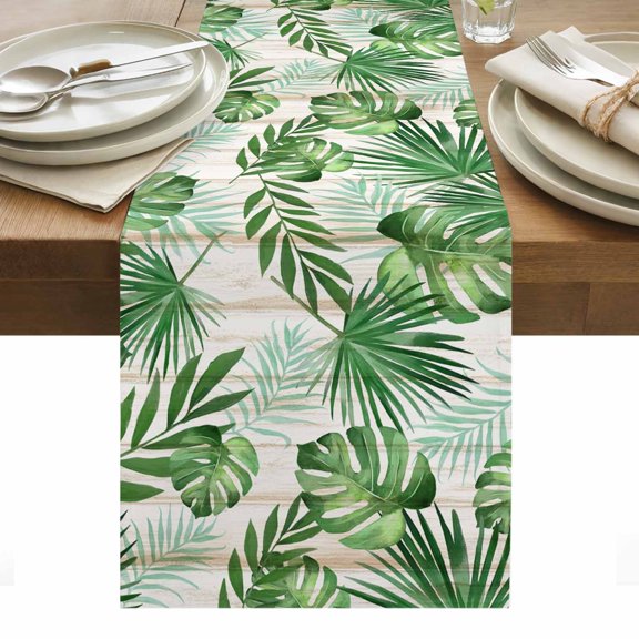Table Runner Dresser Scarves 36 Inch Long,Tropical Monstera Leaf Wood Linen Dining Table Runners