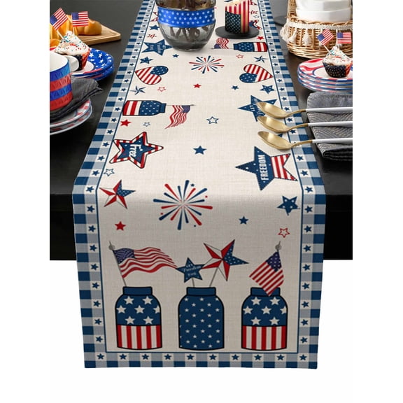 Table Runner Dresser Scarves 36 Inch Long,USA Memorial Day Flag Star and Bottle Linen Dining Table Runners Blue Checker and Burlap Linen Tabletop Scarf for Wedding Holiday Party Kitchen