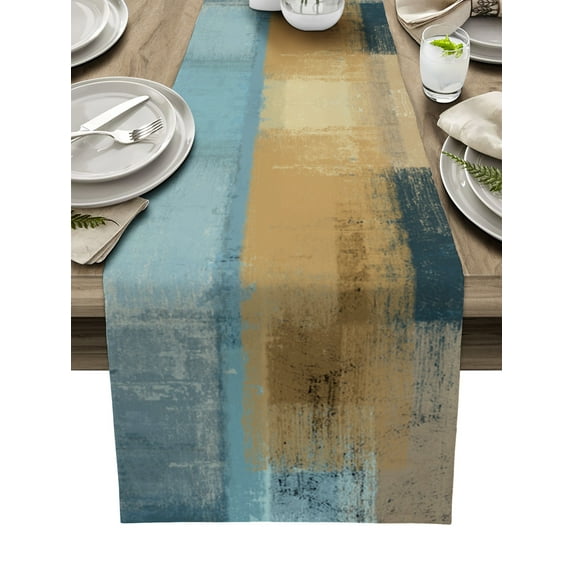 Table Runner Dresser Scarves 36 Inch Long, Vintage Blue Yellow Painting Patchwork Linen Dining Table Runners Abstract Geometric Graffiti Tabletop Scarf for Wedding Holiday Party Kitchen