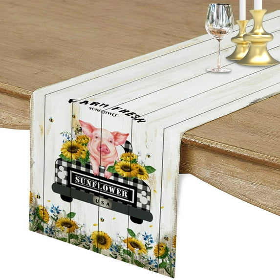 Table Runner Dresser Scarves 36 Inch Long, Vintage Buffalo Sunflower Truck Pig on Plank Linen Dining Table Runners Farm Floral Plant Tabletop Scarf for Wedding Holiday Party Kitchen