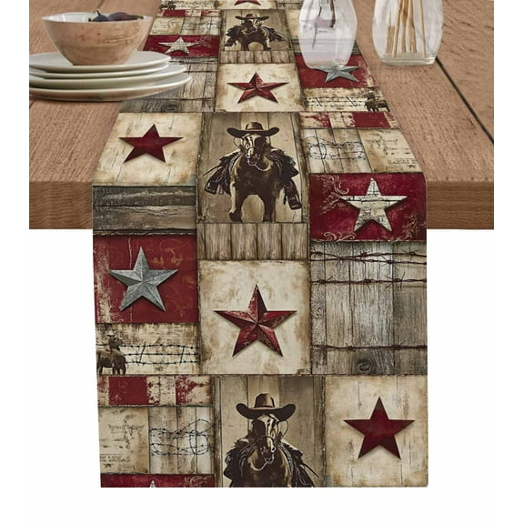 Table Runner Dresser Scarves 36 Inch Long,Vintage Texas Western Country Star Linen Dining Table Runners Cowboy Horse Wooden Plank Tabletop Scarf for Wedding Holiday Party Kitchen