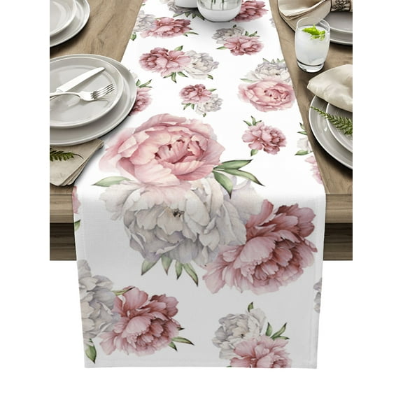 Table Runner Dresser Scarves 36 Inch Long, Vintage Watercolor Blossom Flowers Green Leaf Linen Dining Table Runners Pink White Floral Tabletop Scarf for Wedding Holiday Party Kitchen