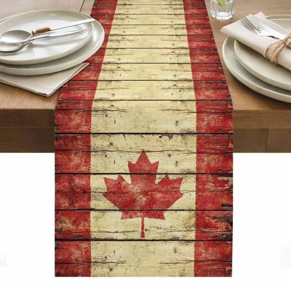 Table Runner Dresser Scarves 36 Inch Long,Vintage Wooden Stripes Maple Leaf Linen Dining Table Runners