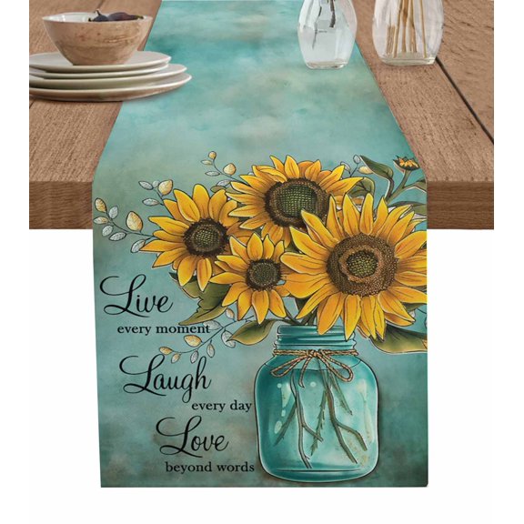 Table Runner Dresser Scarves 36 Inch Long,Watercolor Blossom Sunflower Bottle Linen Dining Table Runners Encouraging Quote on Retro Tabletop Scarf for Wedding Holiday Party Kitchen