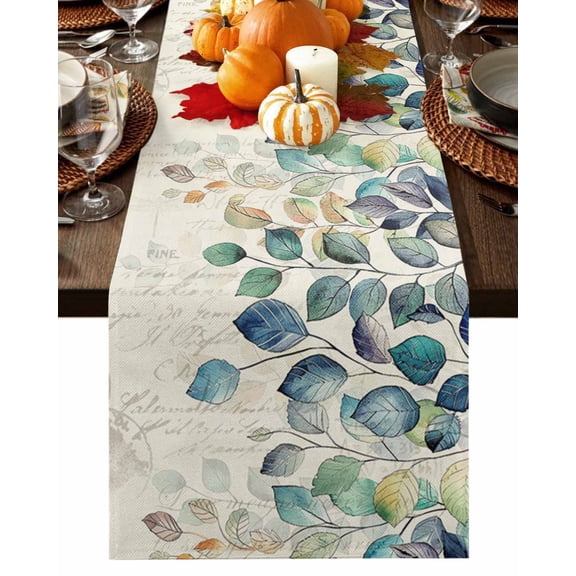 Table Runner Dresser Scarves 36 Inch Long,Watercolor Botanical Leaf on Retro Letter Linen Dining Table Runners Colorful Foliage on Faint Yellow Tabletop Scarf for Wedding Holiday Party Kitchen