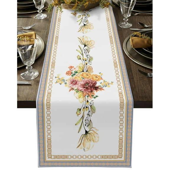 Table Runner Dresser Scarves 36 Inch Long, Watercolor Botanical Spring Flower Linen Dining Table Runners Geometric Circle on White Tabletop Scarf for Wedding Holiday Party Kitchen