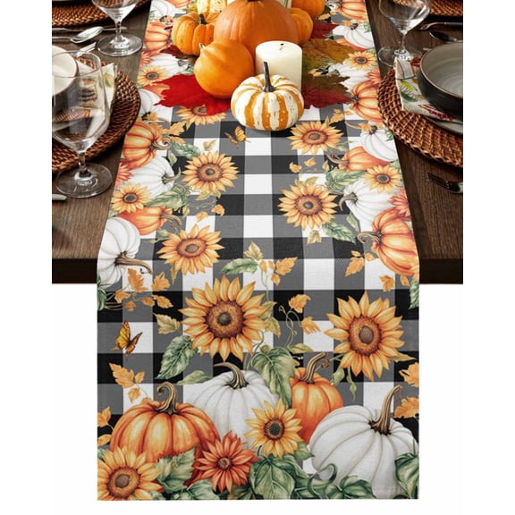 Table Runner Dresser Scarves 36 Inch Long,Watercolor Fall Pumpkin Sunflower Linen Dining Table Runners Butterfly Black White Plaid Tabletop Scarf for Wedding Holiday Party Kitchen
