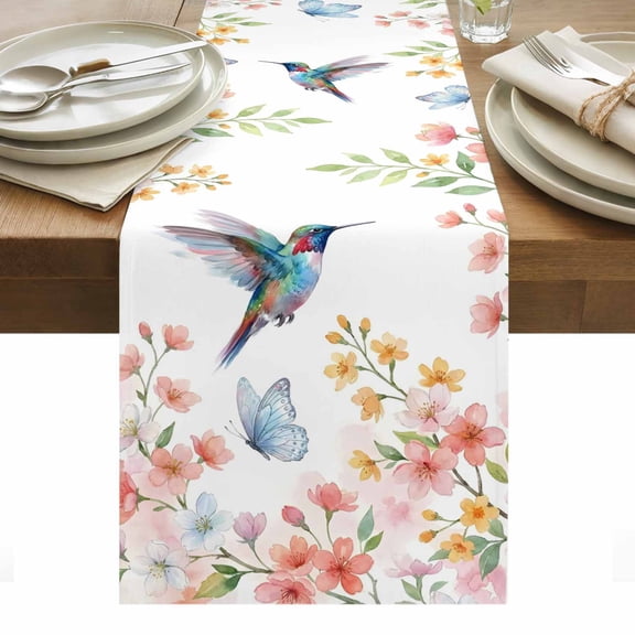 Table Runner Dresser Scarves 36 Inch Long,Watercolor Hummingbird Butterflies Linen Dining Table Runners