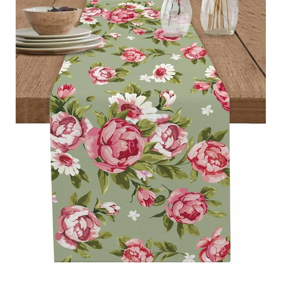 Table Runner Dresser Scarves 36 Inch Long,Watercolor Pink White Flower Leaves Linen Dining Table Runners Retro Floral on Sage Green Tabletop Scarf for Wedding Holiday Party Kitchen