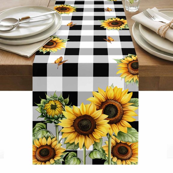 Table Runner Dresser Scarves 36 Inch Long,Watercolor Sunflower Bee Green Leaves Linen Dining Table Runners