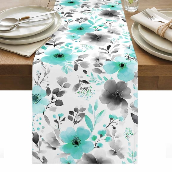 Table Runner Dresser Scarves 36 Inch Long,Watercolor Teal Gray Flowers Leaves Linen Dining Table Runners