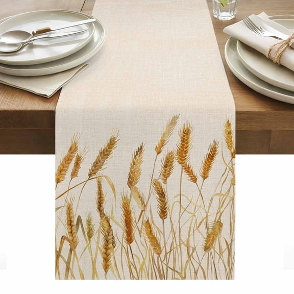 Table Runner Dresser Scarves 36 Inch Long,Watercolor Wheat Farm Grain on Flax Linen Dining Table Runners