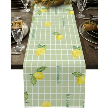 Table Runner Dresser Scarves 36 Inch Long, Watercolor Yellow Lemon with Leaves Linen Dining Table Runners Lemonade Quote on Green Lattice Tabletop Scarf for Wedding Holiday Party Kitchen