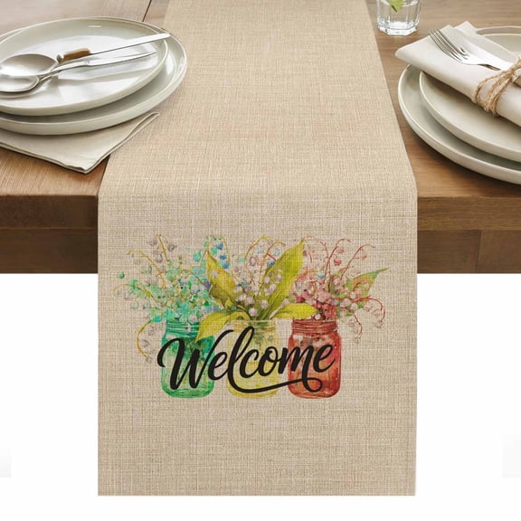 Table Runner Dresser Scarves 36 Inch Long,Welcome Words on Retro Linen Linen Dining Table Runners